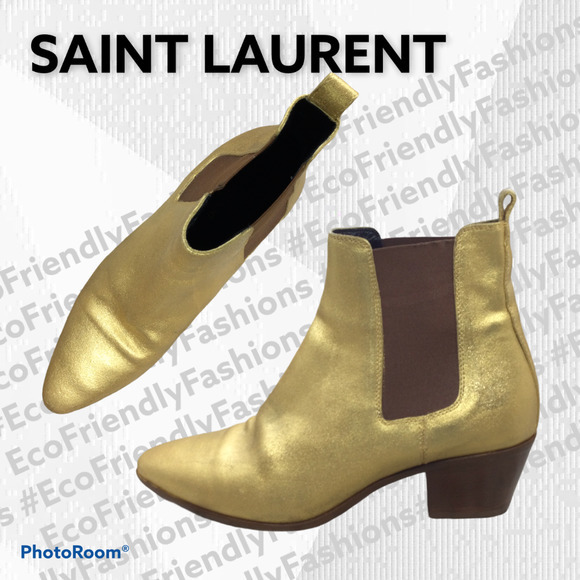Saint Laurent Shoes - Saint Laurent Women's Metallic Gold Pull On Chelsea Boots Size 8.5